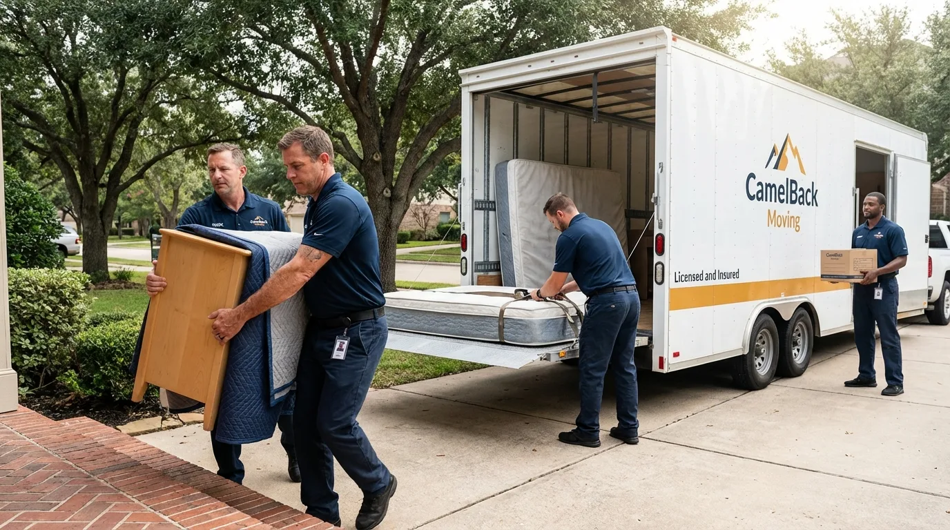 Crew loading residential truck for cross-state move from Chowchilla, CA