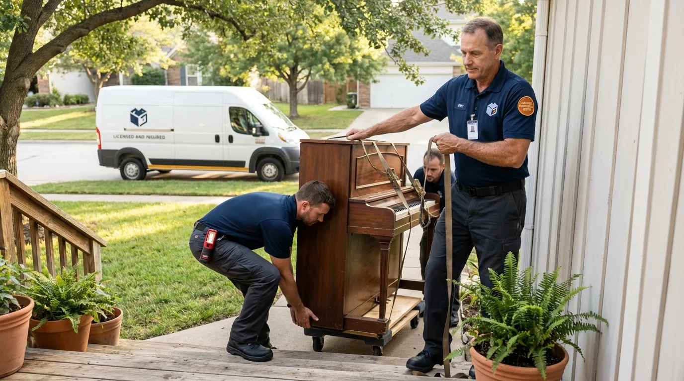 Licensed piano movers securing grand piano in Chowchilla, CA