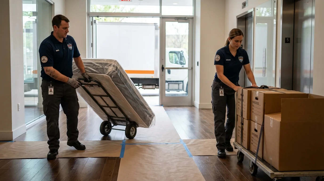 Professional apartment movers loading elevator in Chowchilla, CA