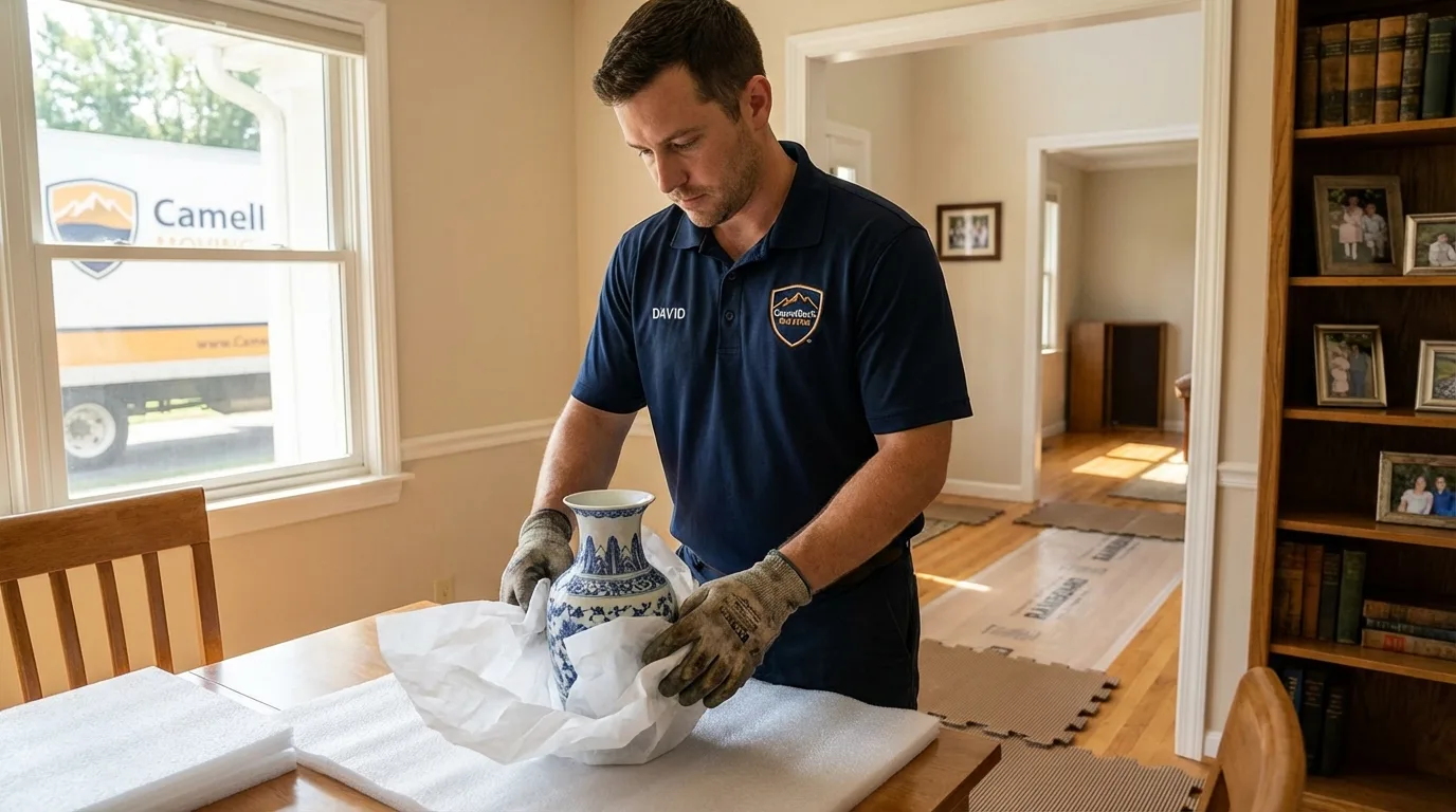 Professional crew carefully wrapping antique vase for senior downsizing move in Chowchilla, CA