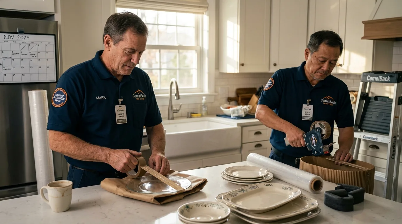 Professional crew packing kitchen dishware in Chowchilla, CA